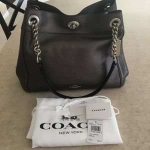 Coach Edie Metallic Graphite / Gunmetal Turnlock Hobo Shoulder Bag  *NEW*